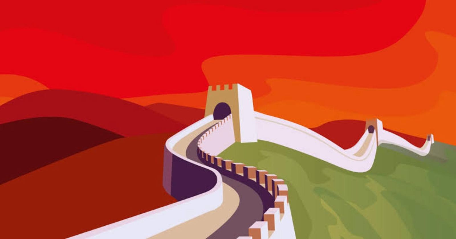 Ilustração da Grande Muralha da China em paisagem vermelha e verde